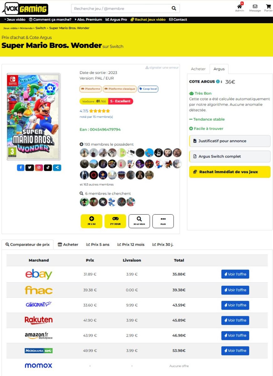 Comparateur de prix et historique de la cote d'un jeu vidéo sur 5 ans