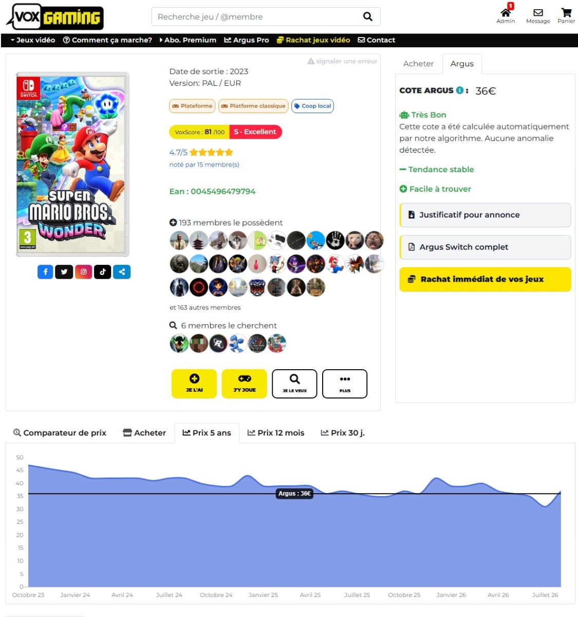 Fiche d'un jeu vidéo avec VoxScore et cote argus