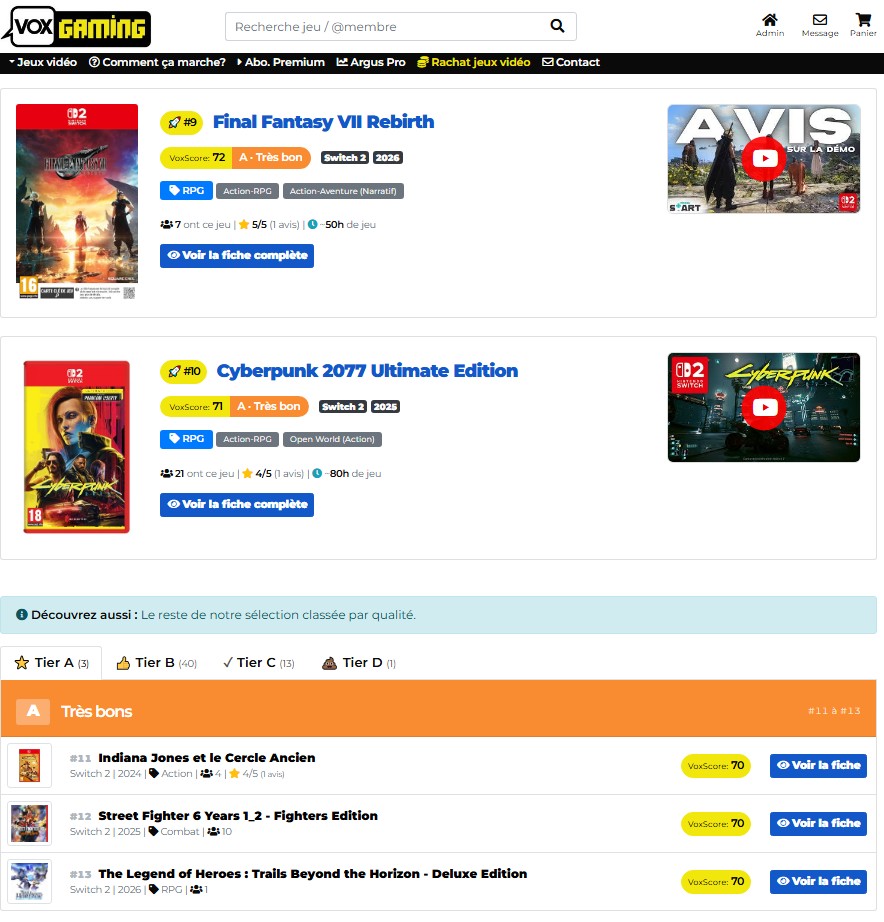 Classement des meilleurs jeux d'une console par VoxScore