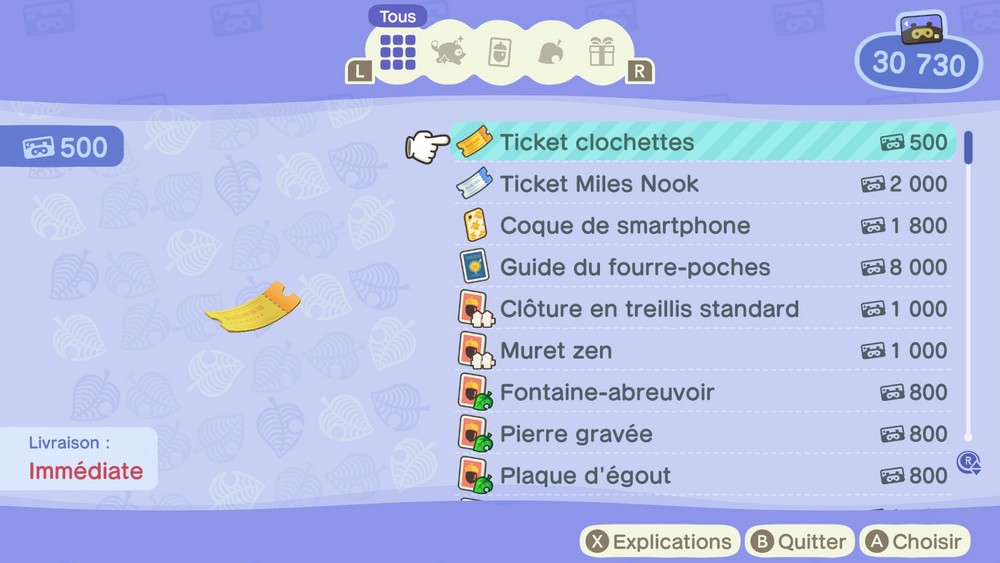 Ticjets clochettes dans Animal Crossing New Horizons