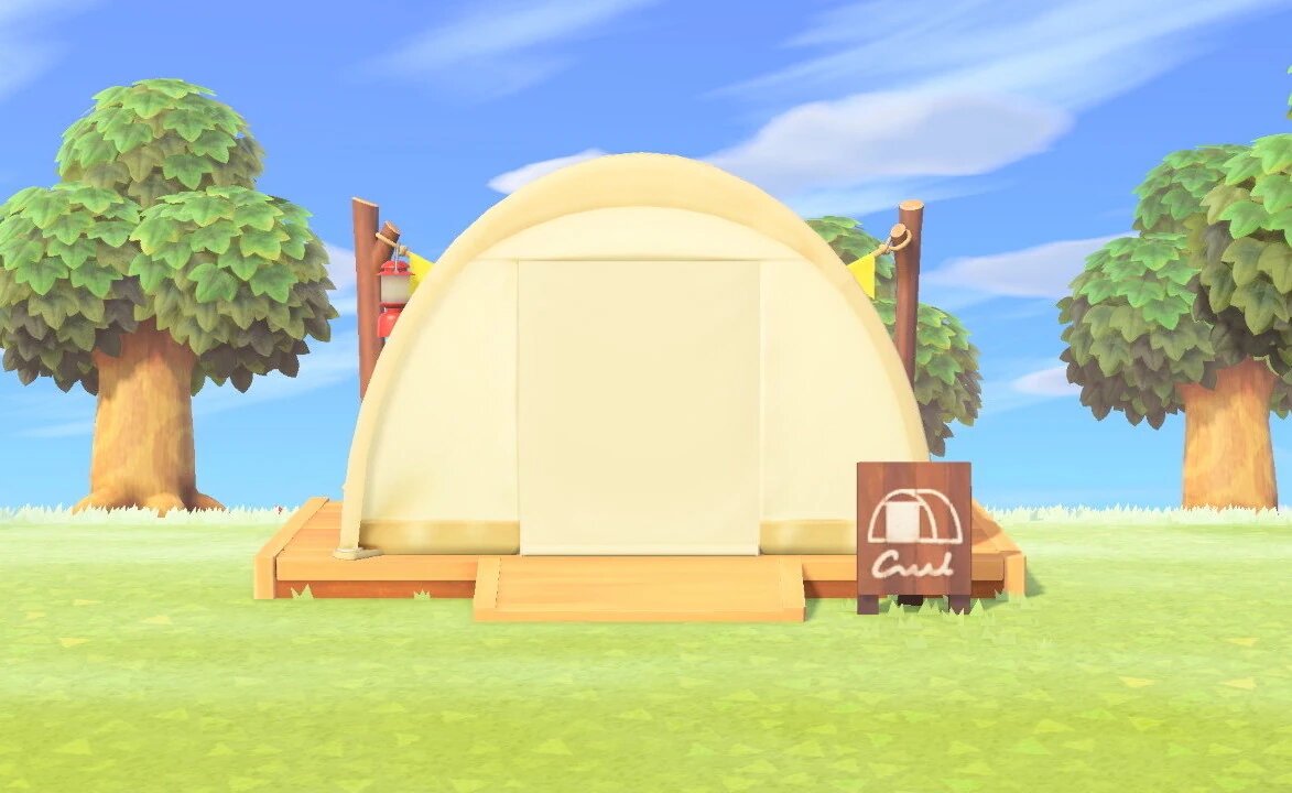 Le camping avec la tente indiquant qu'un visiteur est présent dans Animal Crossing: New Horizons.