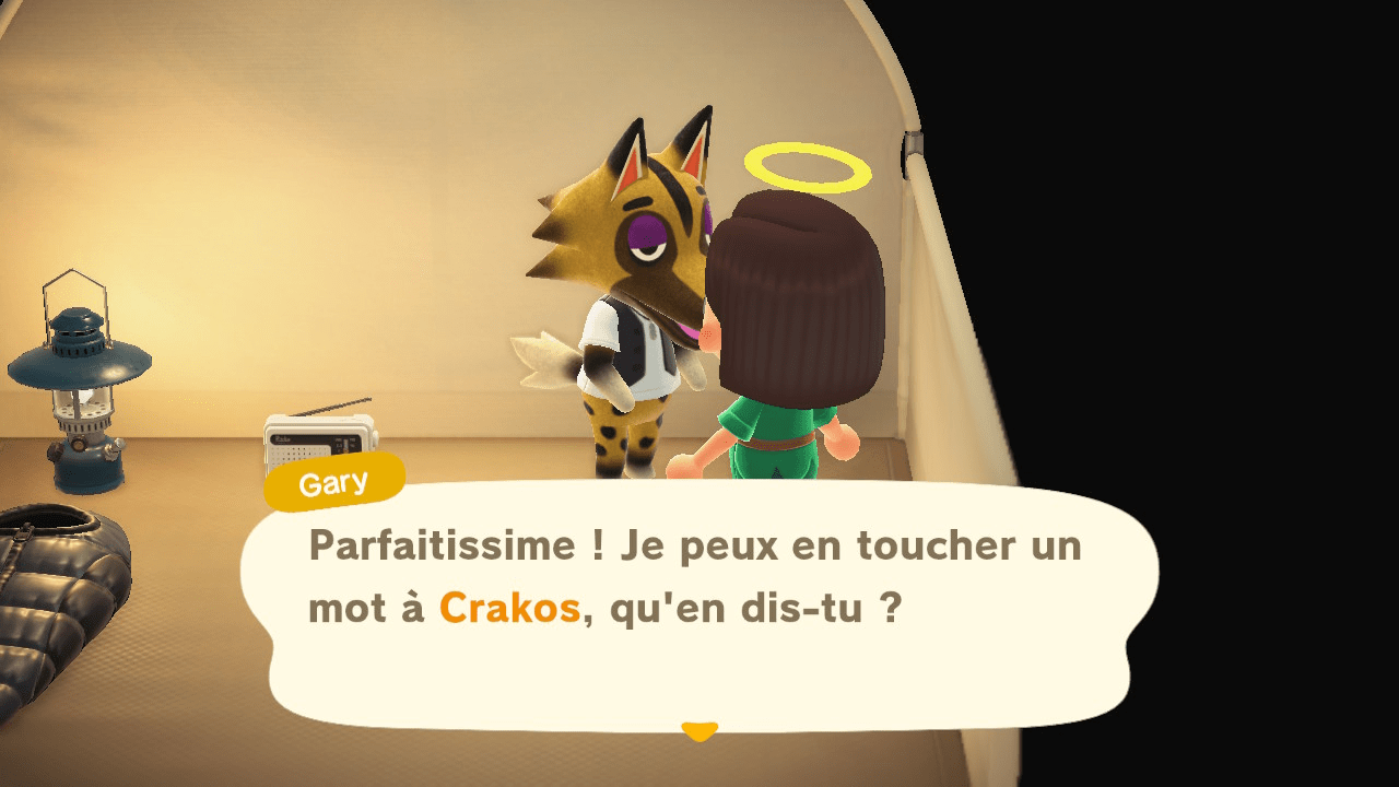 Au camping de Animal Crossing: New Horizons, Gary propose de remplacer Crakos sur l'île.