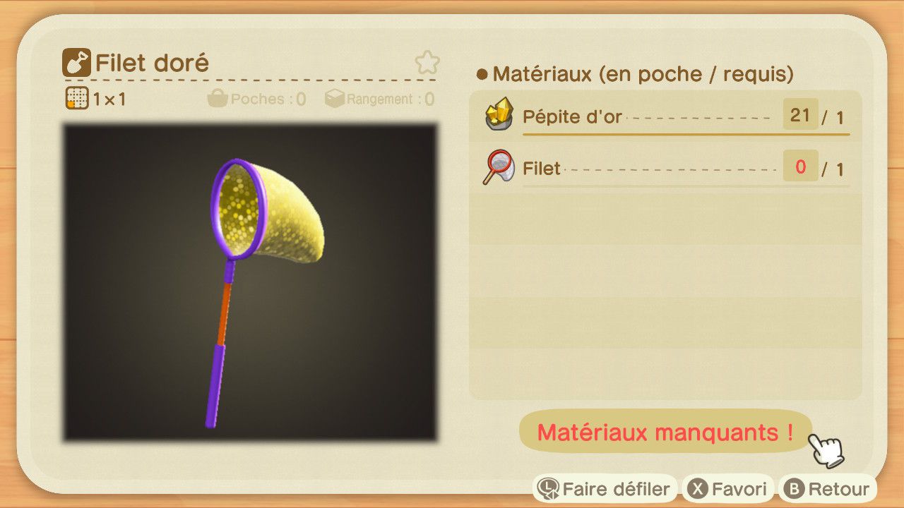 Plan de fabrication du Filet doré dans Animal Crossing: New Horizons.