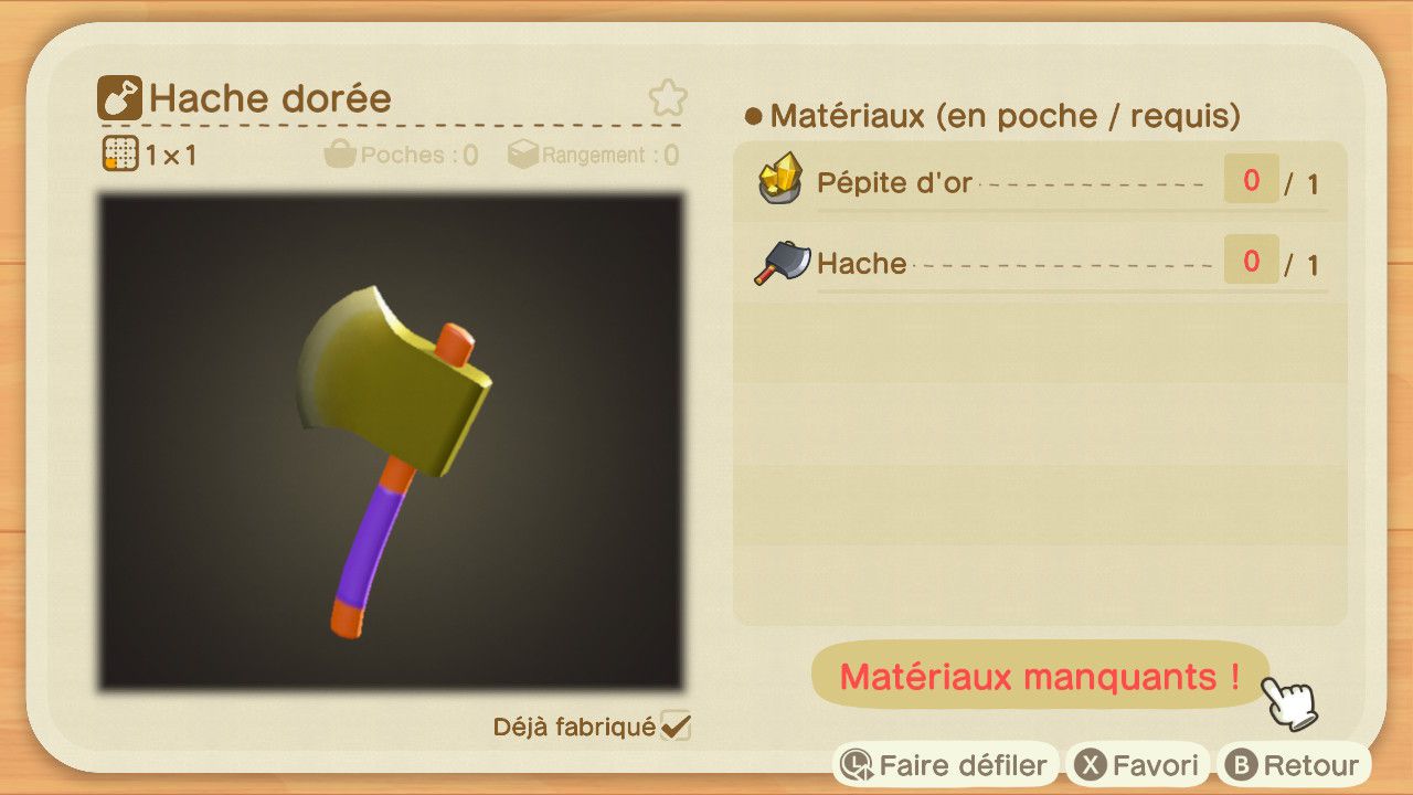 Plan de fabrication de la Hache dorée dans Animal Crossing: New Horizons.