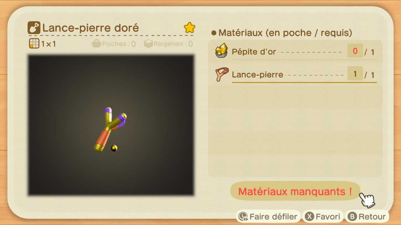 Plan de fabrication du Lance-pierre doré dans Animal Crossing: New Horizons.