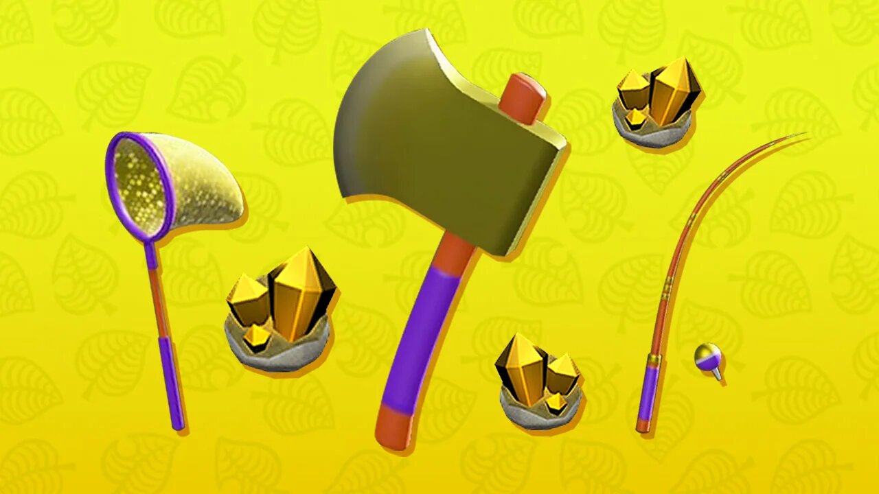 Outils dorés et pépites d'or dans Animal Crossing: New Horizons.