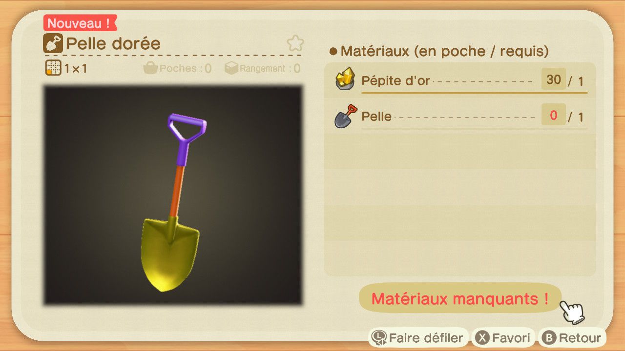 Plan de fabrication de la Pelle dorée dans Animal Crossing: New Horizons.