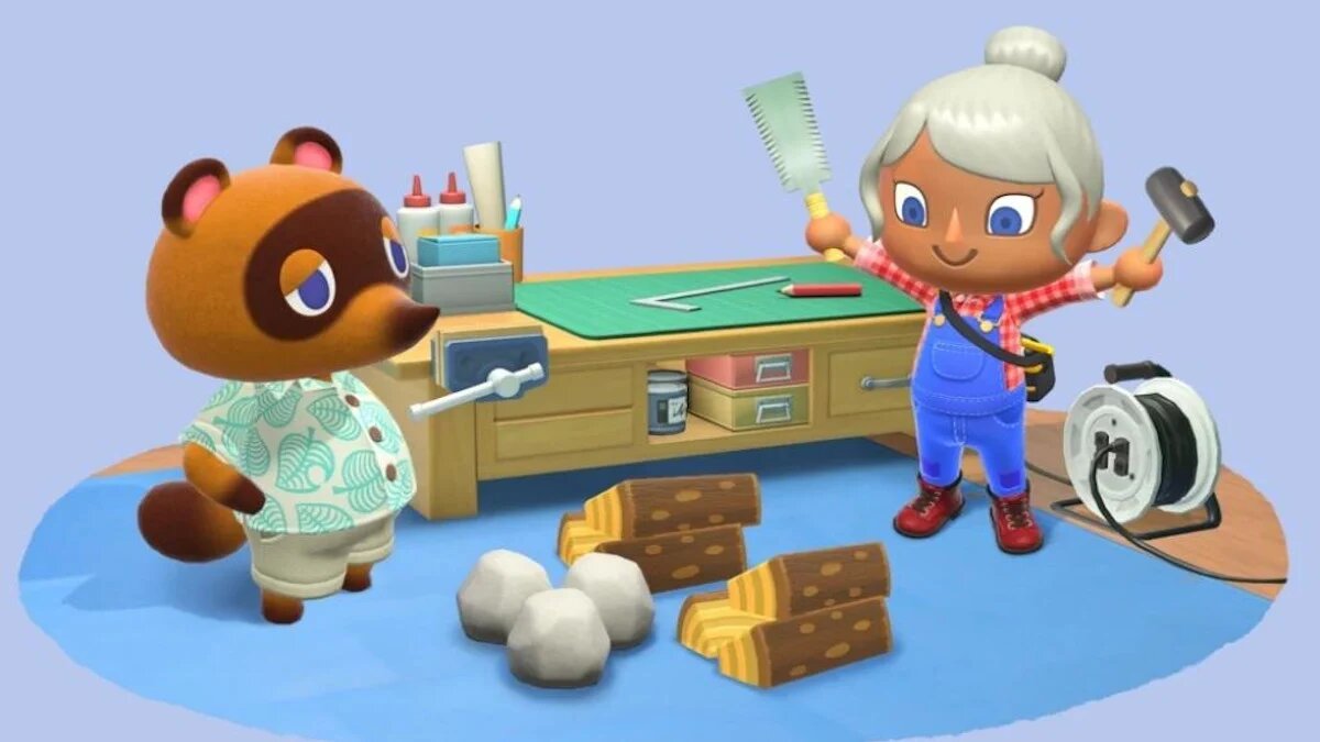 Le personnage d'Animal Crossing: New Horizons découvre l'établi aux cotés de Tom Nook.