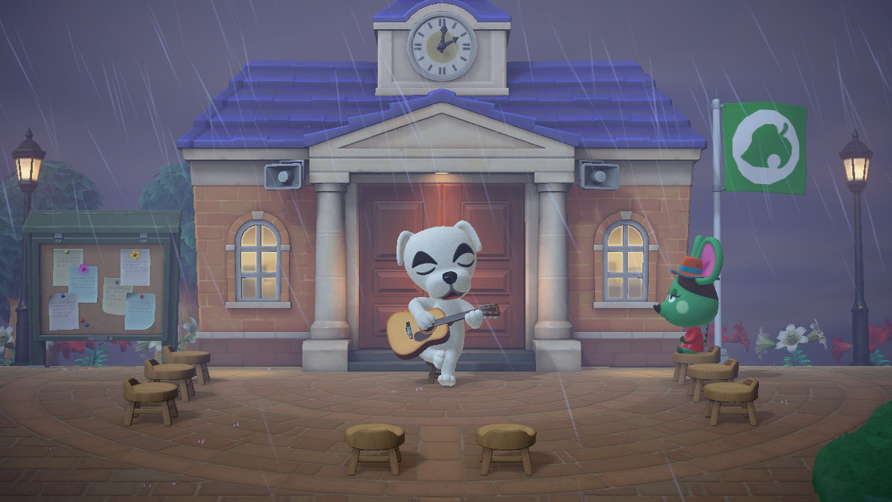 Kéké Laglisse attend sur la place du Bureau des résidents pour se produire en concenrt dans Animal Crossing: New Horizons.