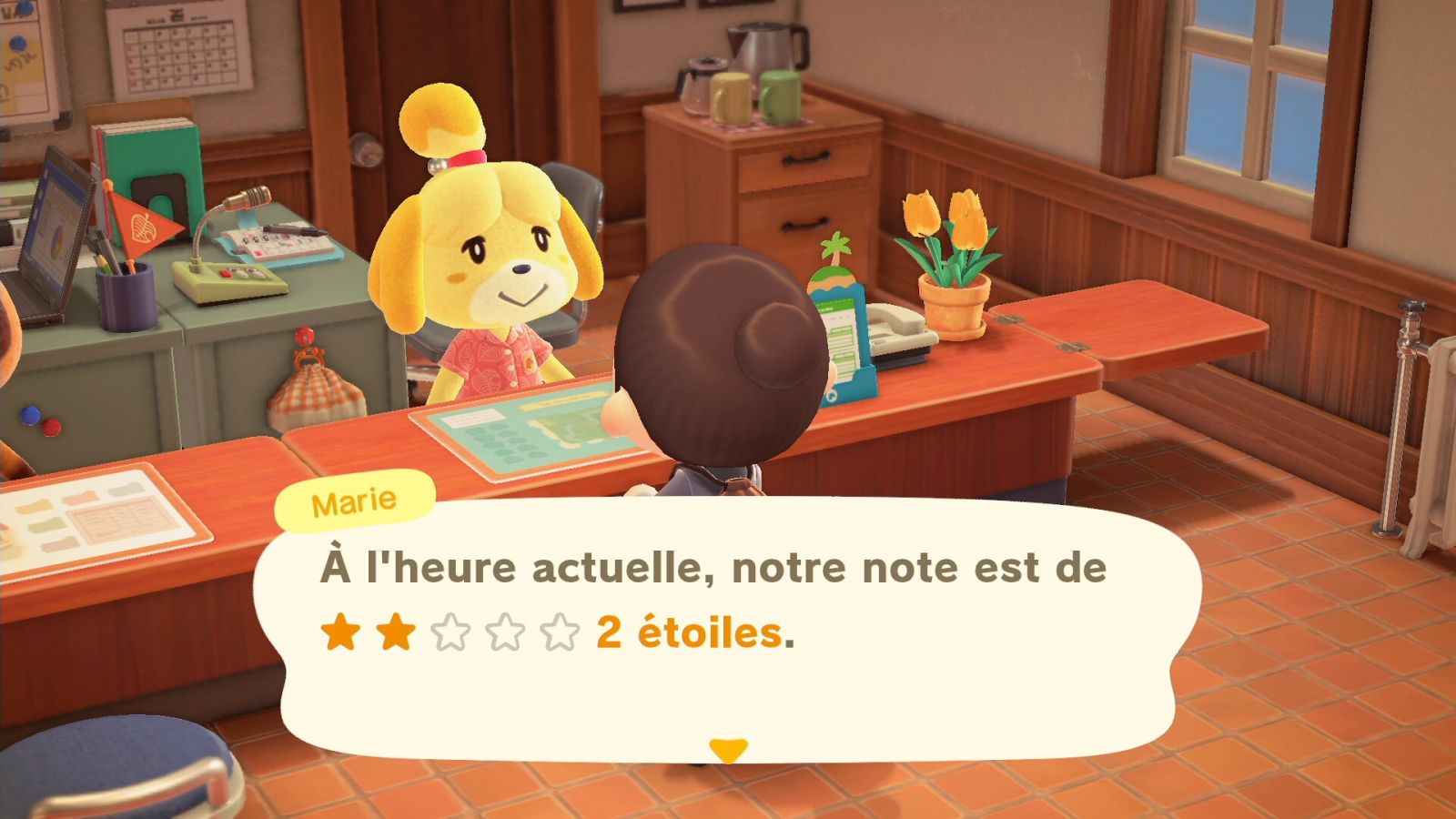 Marie donne le nombre d'étoiles de l'île au Bureau des résidents, dans Animal Crossing: New Horizons.