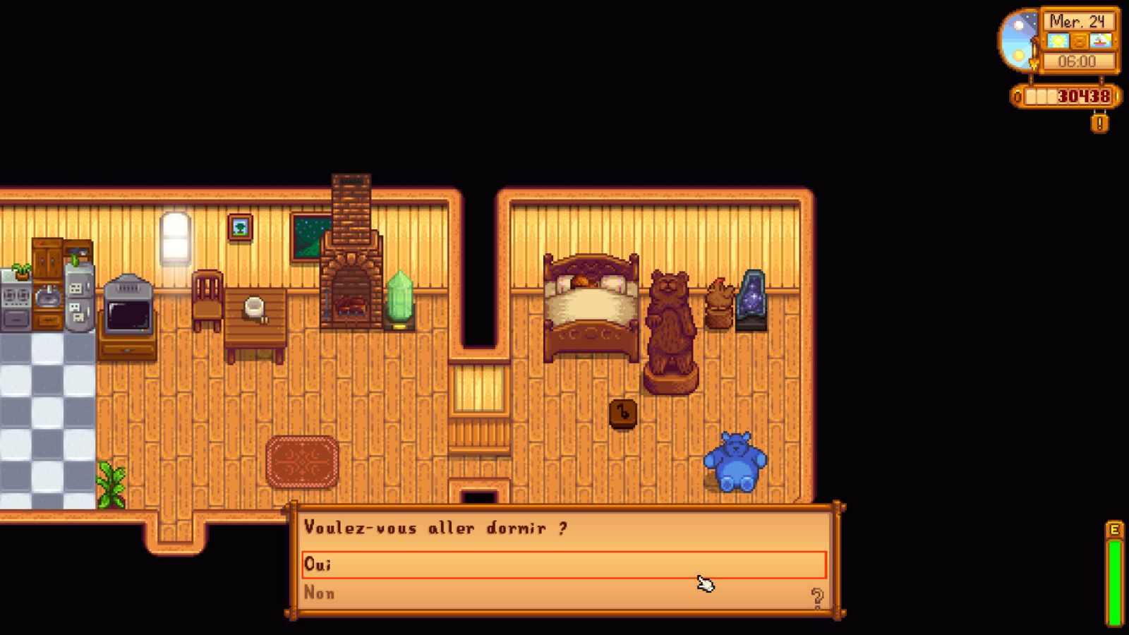 Pour sauvegarder dans Stardew Valley, va te coucher dans ton lit.