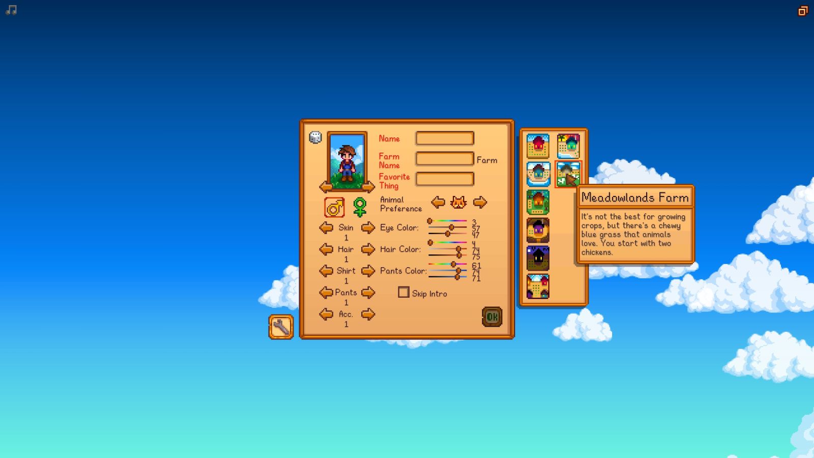 Ecran de sélection de la carte dans Stardew Valley.