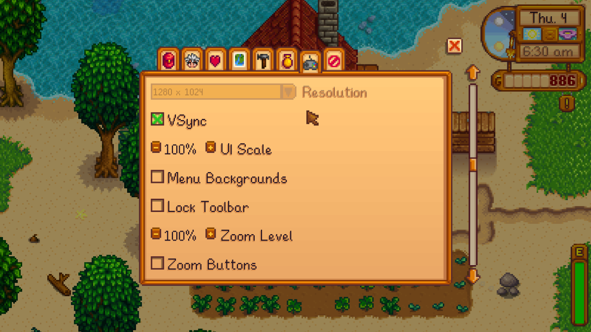 Le menu paramètres de Stardew Valley permet d'ajuster la visibilité en jeu.