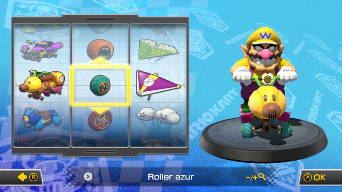 Combinaison pour un kart polyvalent: Wario sur un quad Wiggler équipé de rollers et d'ailes standard.